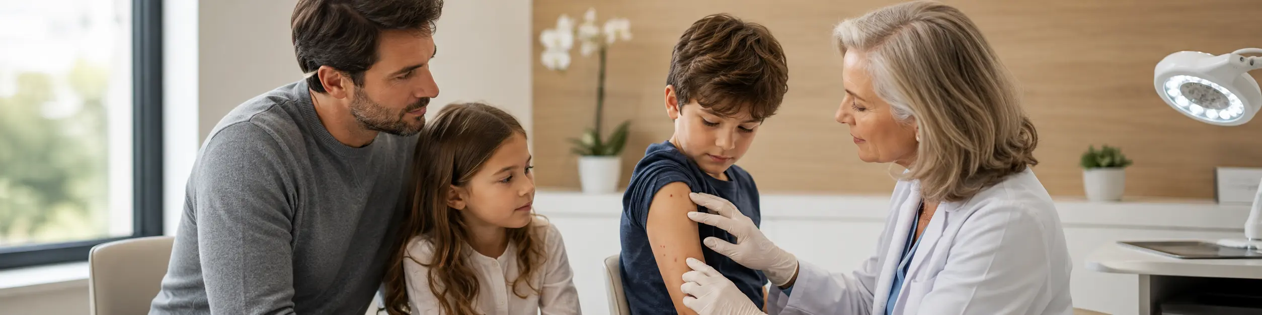 Dermatóloga examinando lesiones compatibles con molusco contagioso en un niño durante una consulta con su padre y su hermana.