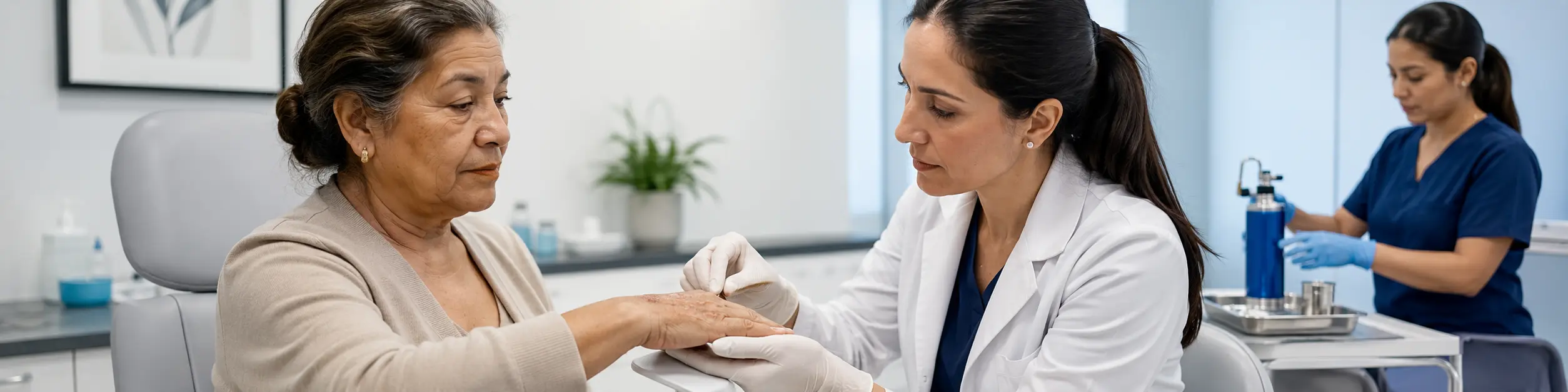 Dermatóloga examina queratosis actínicas en el dorso de la mano de una paciente adulta mayor en consultorio dermatológico con equipo de crioterapia.