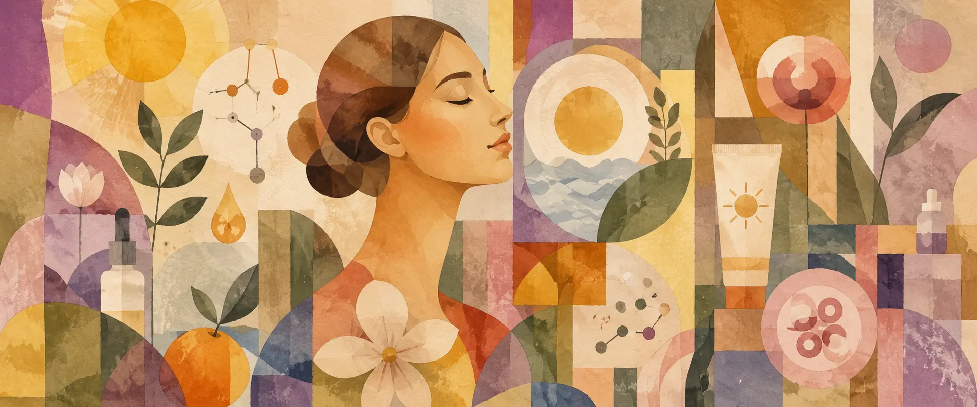 Ilustración editorial sobre cómo saber qué tipo de piel tengo, con rostro femenino, símbolos de skincare, sol, plantas, moléculas, cosméticos y bienestar dermatológico.