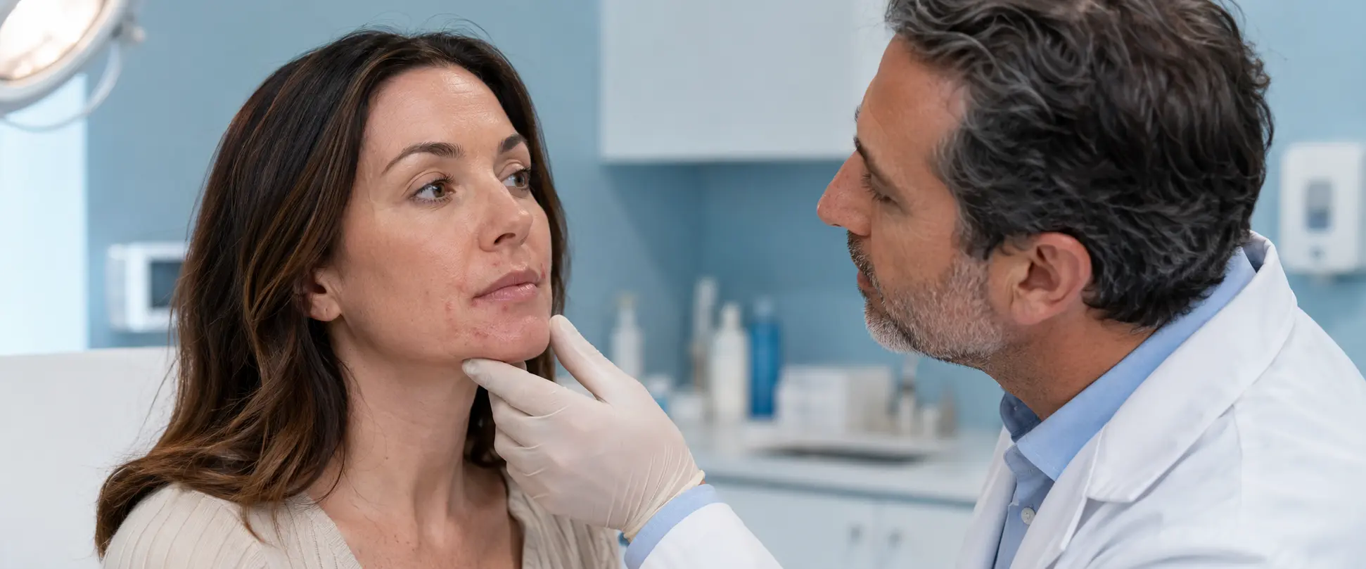 Mujer con dermatitis perioral alrededor de la boca durante evaluación con dermatólogo en consultorio médico.