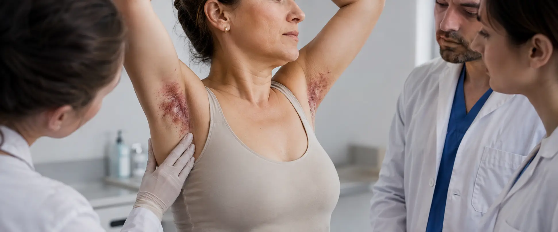 Ilustración fotorrealista de una mujer adulta con lesiones axilares compatibles con enfermedad de Hailey-Hailey, evaluada por dermatólogos en un hospital.