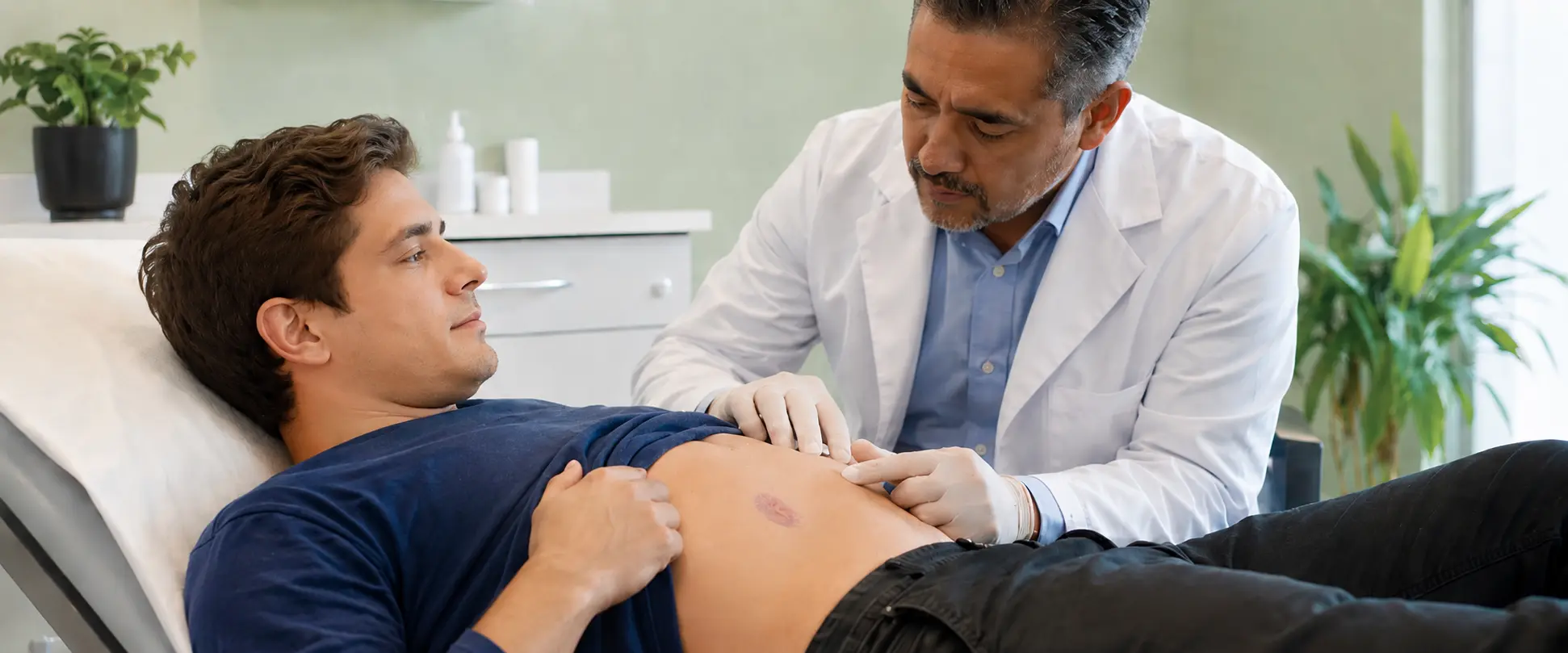 Paciente joven con placa violácea de morfea en el abdomen durante evaluación por dermatólogo en consultorio médico.