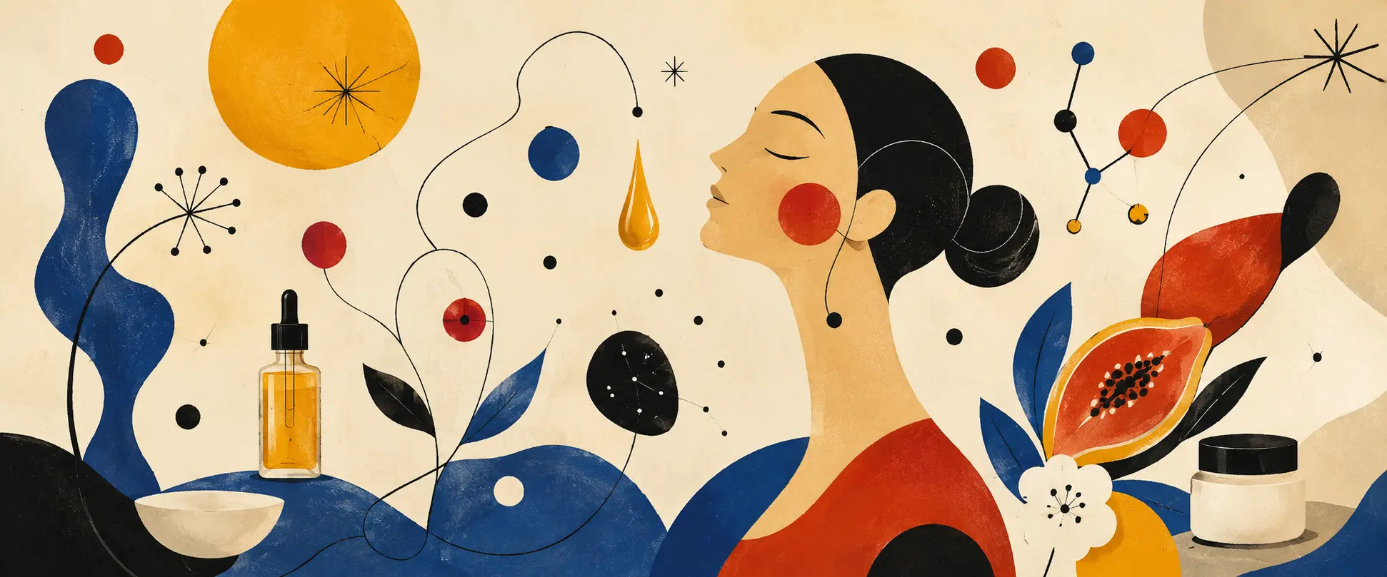 Ilustración editorial sobre niacinamida para la piel, con una mujer, sérum, crema facial, hojas y papaya en una composición de cuidado y bienestar.