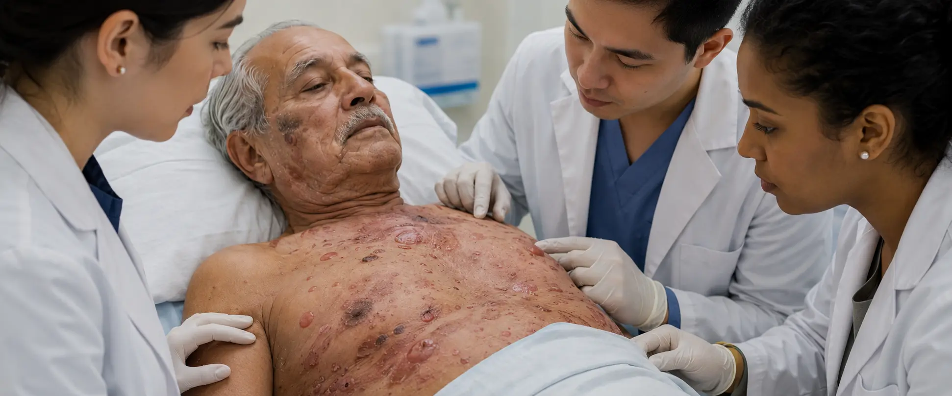 Medical illustration of an elderly adult patient with pemphigus vulgaris lesions on the chest during a dermatological evaluation in a hospital.