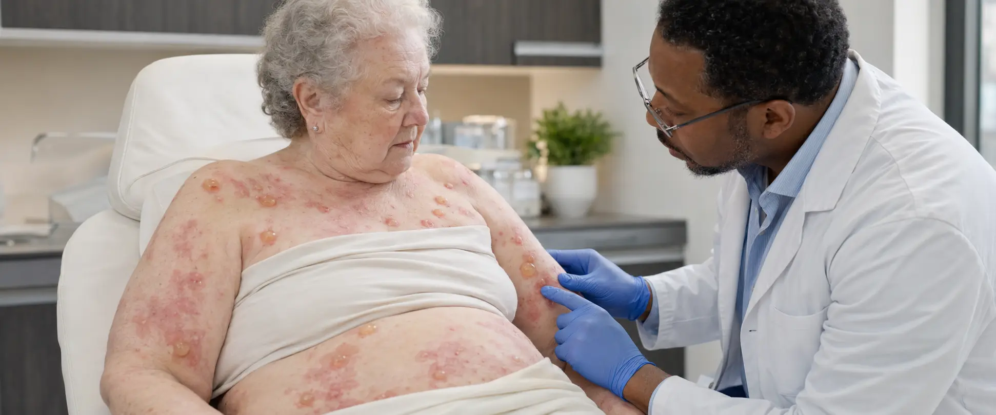 Dermatologist assesses an elderly woman with bullous pemphigoid, blisters on the abdomen and chest.