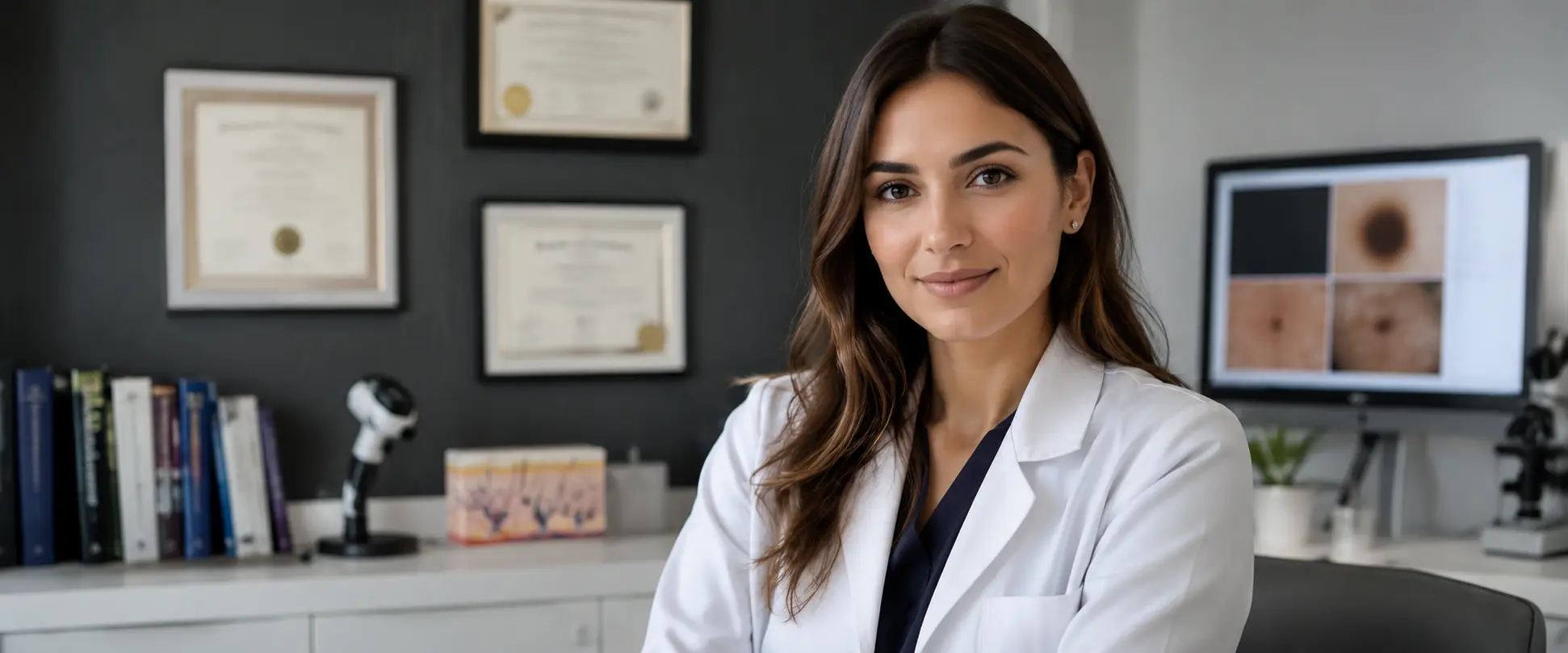 Dermatóloga certificada en consultorio dermatológico moderno, con diplomas y recursos médicos al fondo, en imagen editorial sobre la importancia de consultar con un dermatólogo certificado.