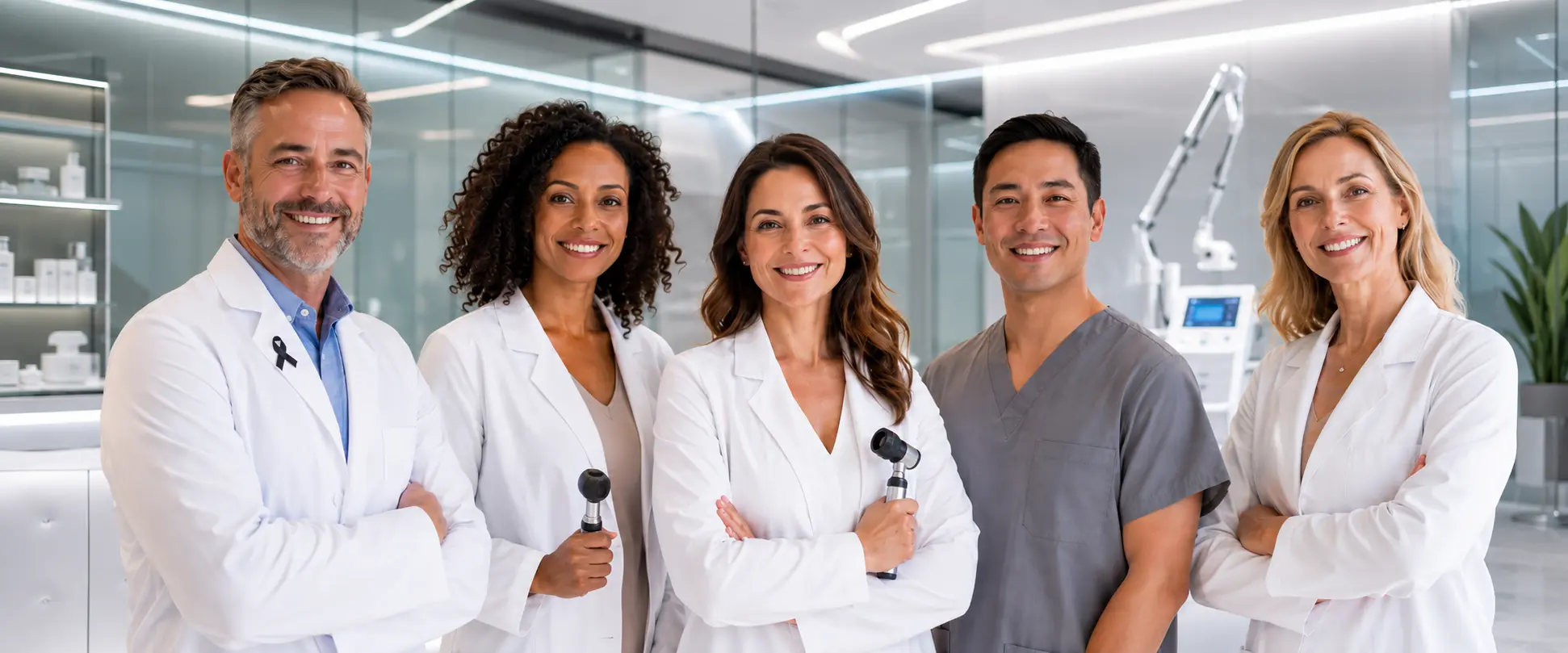 Equipo diverso de dermatólogos con dermatoscopios en una clínica moderna, representando las condiciones de la piel, el cabello y las uñas que trata la dermatología.