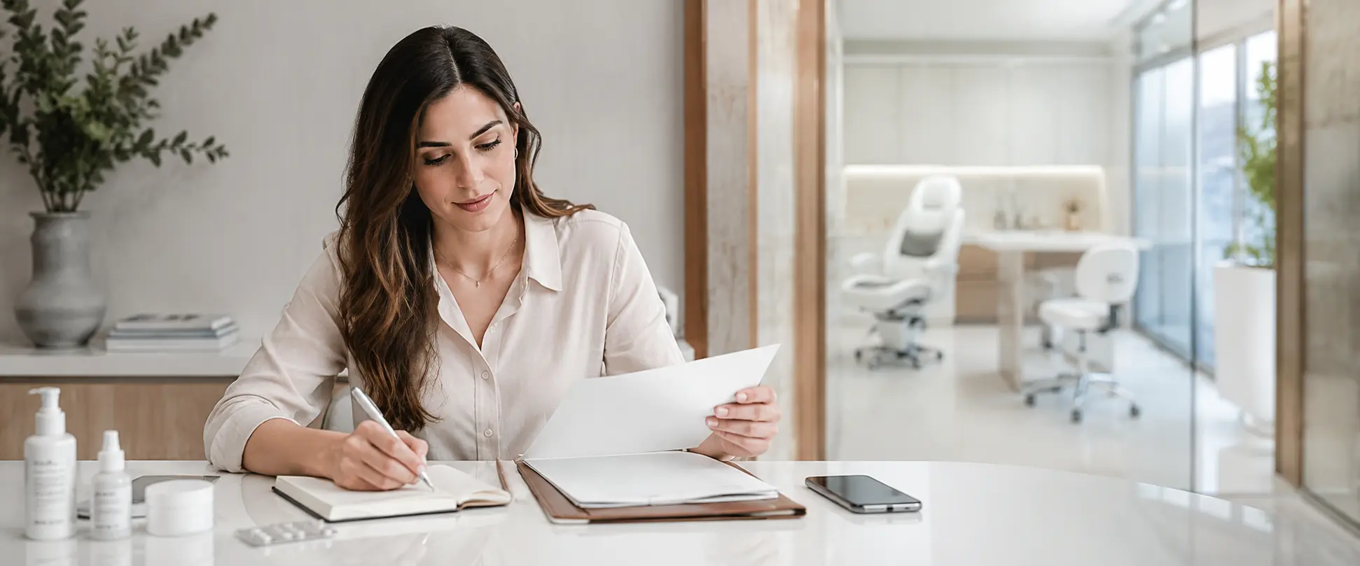 Mujer preparando documentos, medicamentos y notas antes de una consulta dermatológica en un entorno médico moderno.