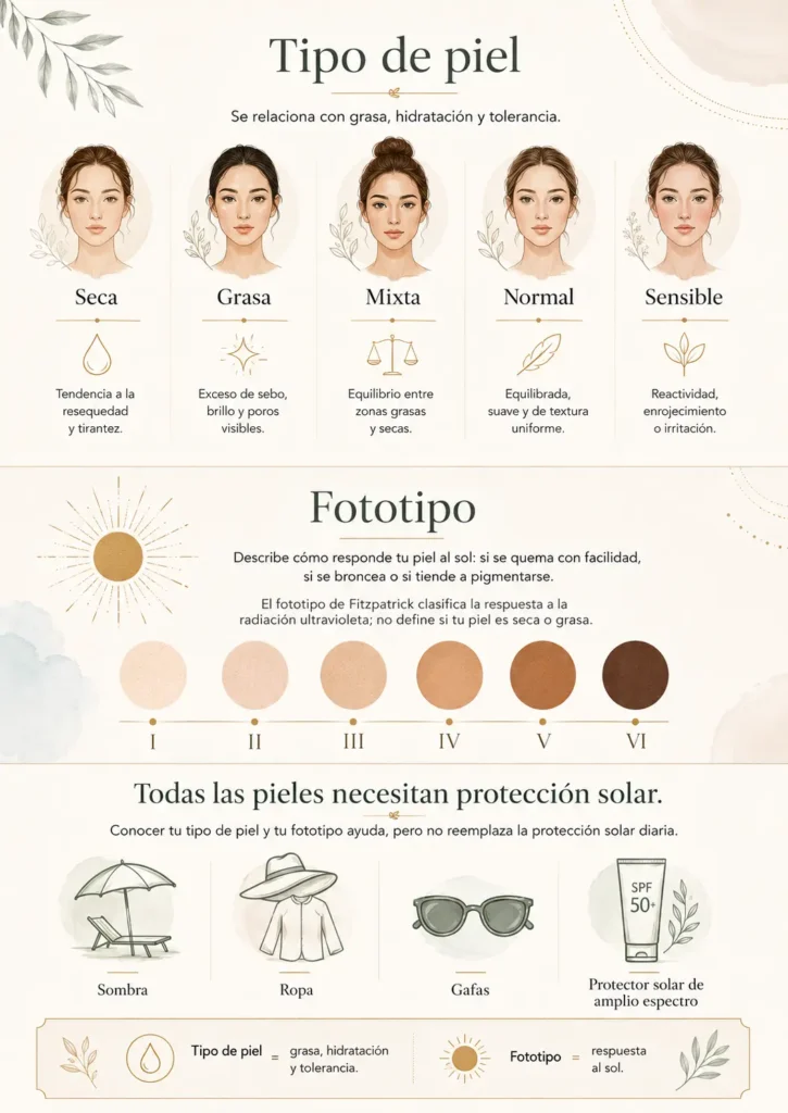 Infografía elegante sobre la diferencia entre tipo de piel y fototipo, con categorías de piel seca, grasa, mixta, normal y sensible, escala de fototipos de Fitzpatrick y medidas de protección solar como sombra, ropa, gafas y protector solar de amplio espectro.