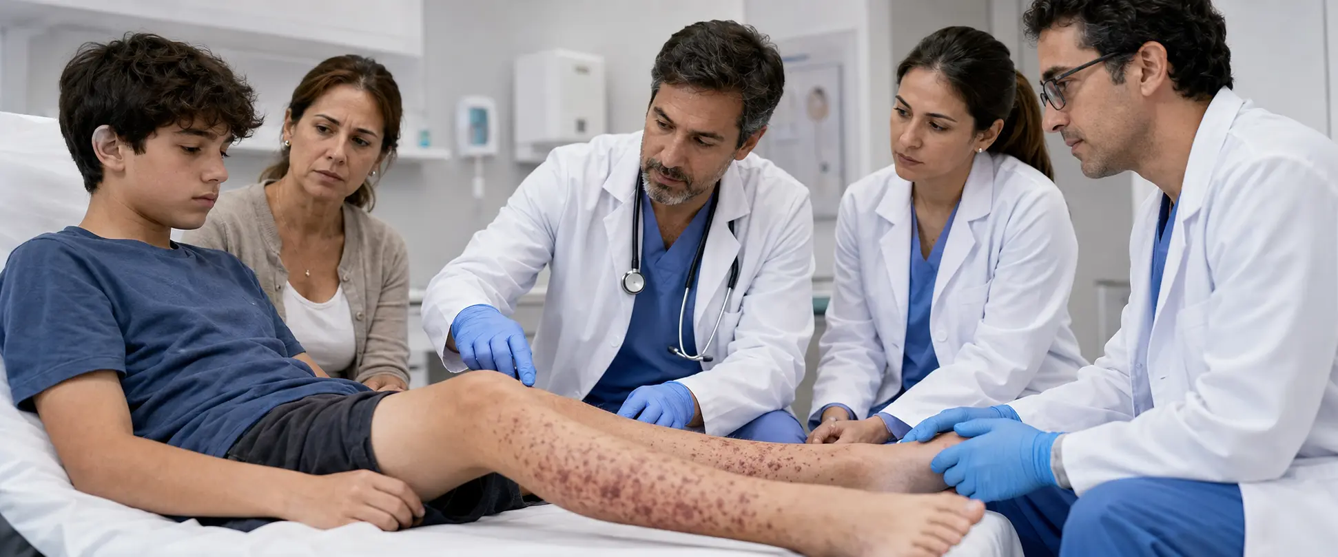 Paciente adolescente con lesiones purpúricas en las piernas por vasculitis cutánea tipo púrpura de Schönlein-Henoch durante evaluación médica hospitalaria.