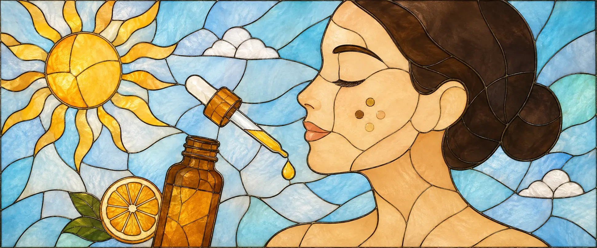 Ilustración tipo vitral inspirada en Gaudí con rostro femenino, sérum de vitamina C y manchas tenues en la mejilla.